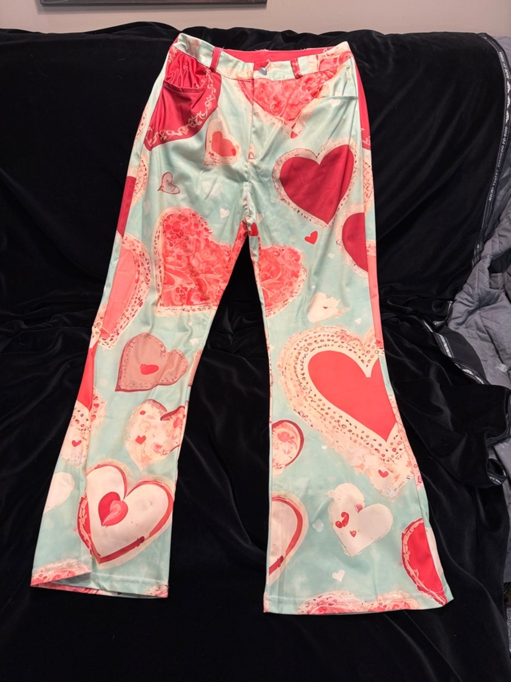 Wide Leg Heart-Print Pants in Mint and Red